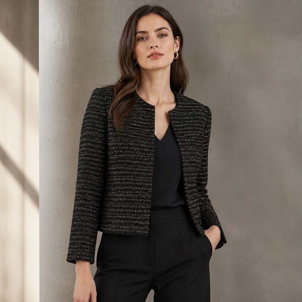 AVA Pearl Black Silver Metallic Tweed Open Front Cropped Jacket Size S